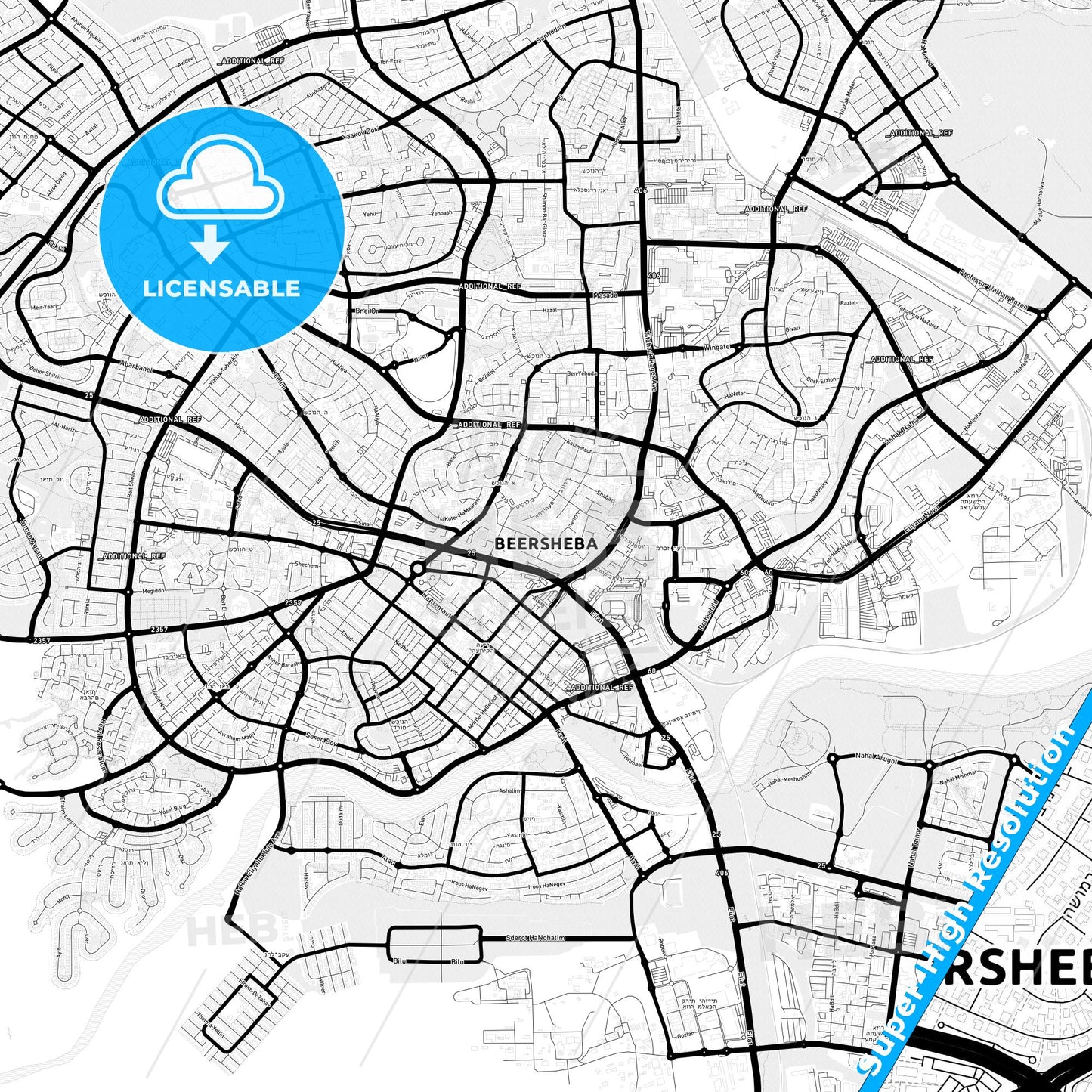 Beersheba, Israel Light Map with Street Names, City Names, and Districts