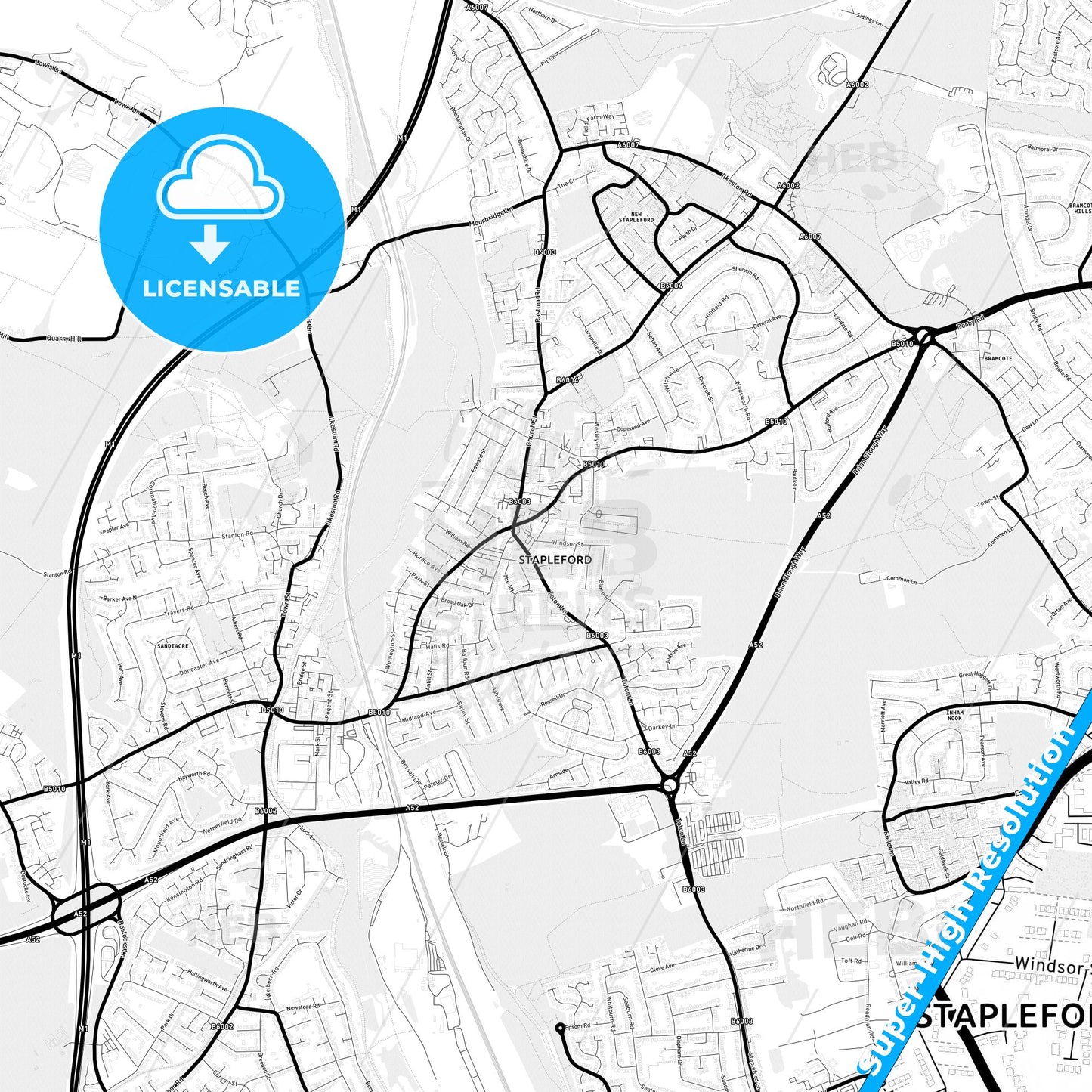 Beeston and Stapleford, England Light Map with Street Names, City Names, and Districts
