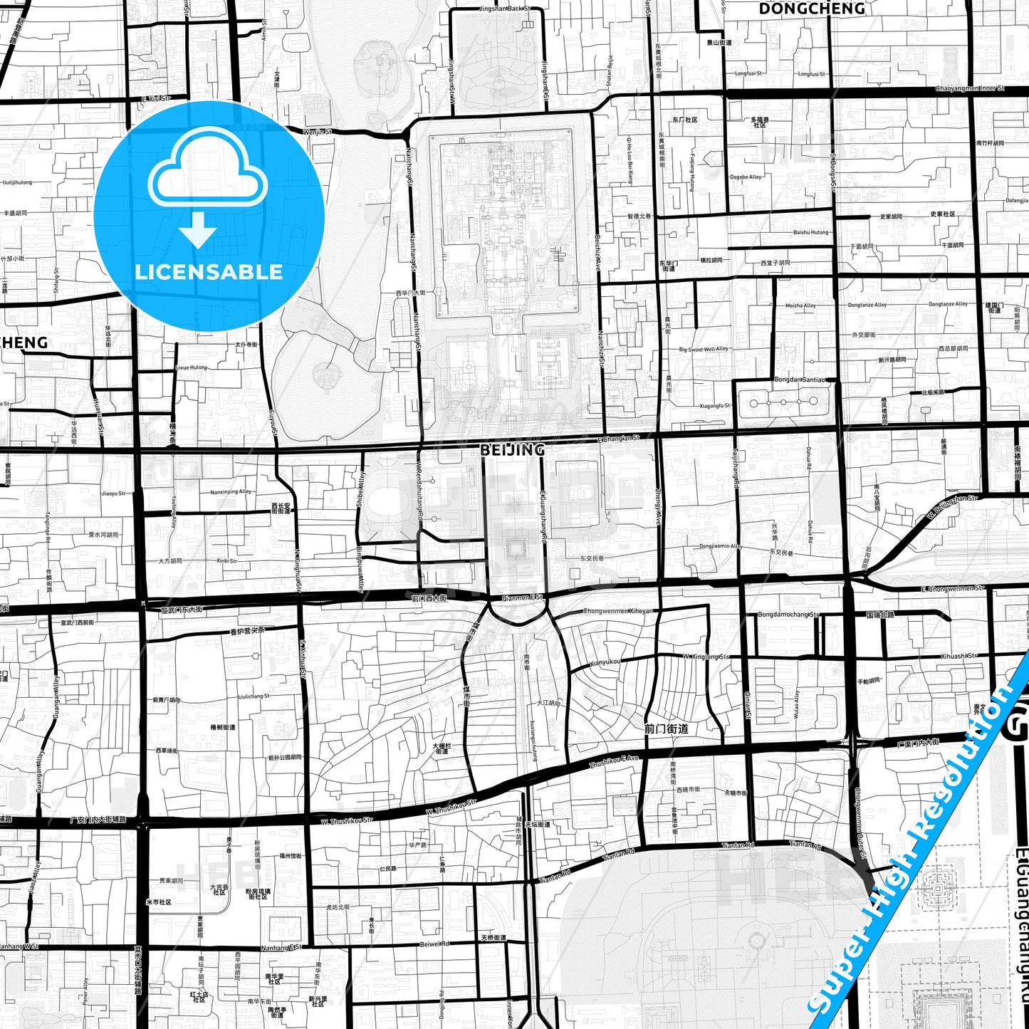 Beijing, China Light Map with Street Names, City Names, and Districts