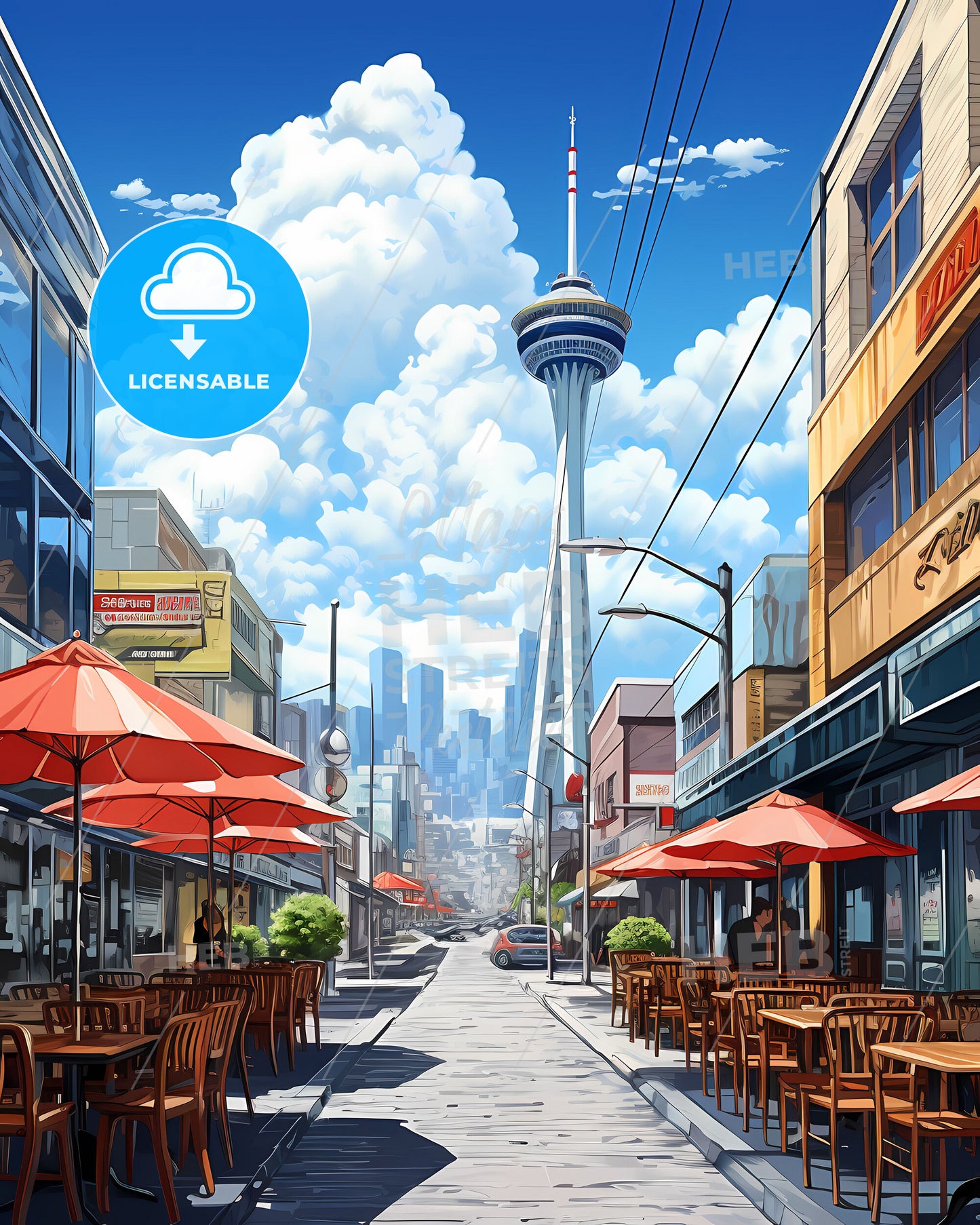 Artistic Beijing Cityscape - Painted Urban Scene with Outdoor Dining and Vibrant Colors