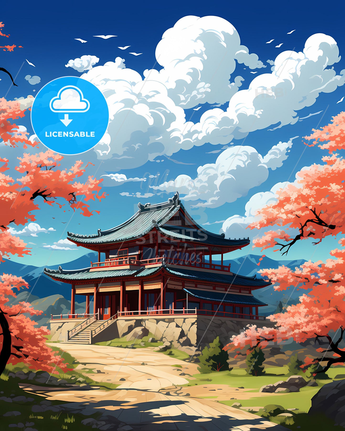 Vibrant Painting of Beijing Skyline with Green Hillside and Towering Buildings under Clear Blue Skies