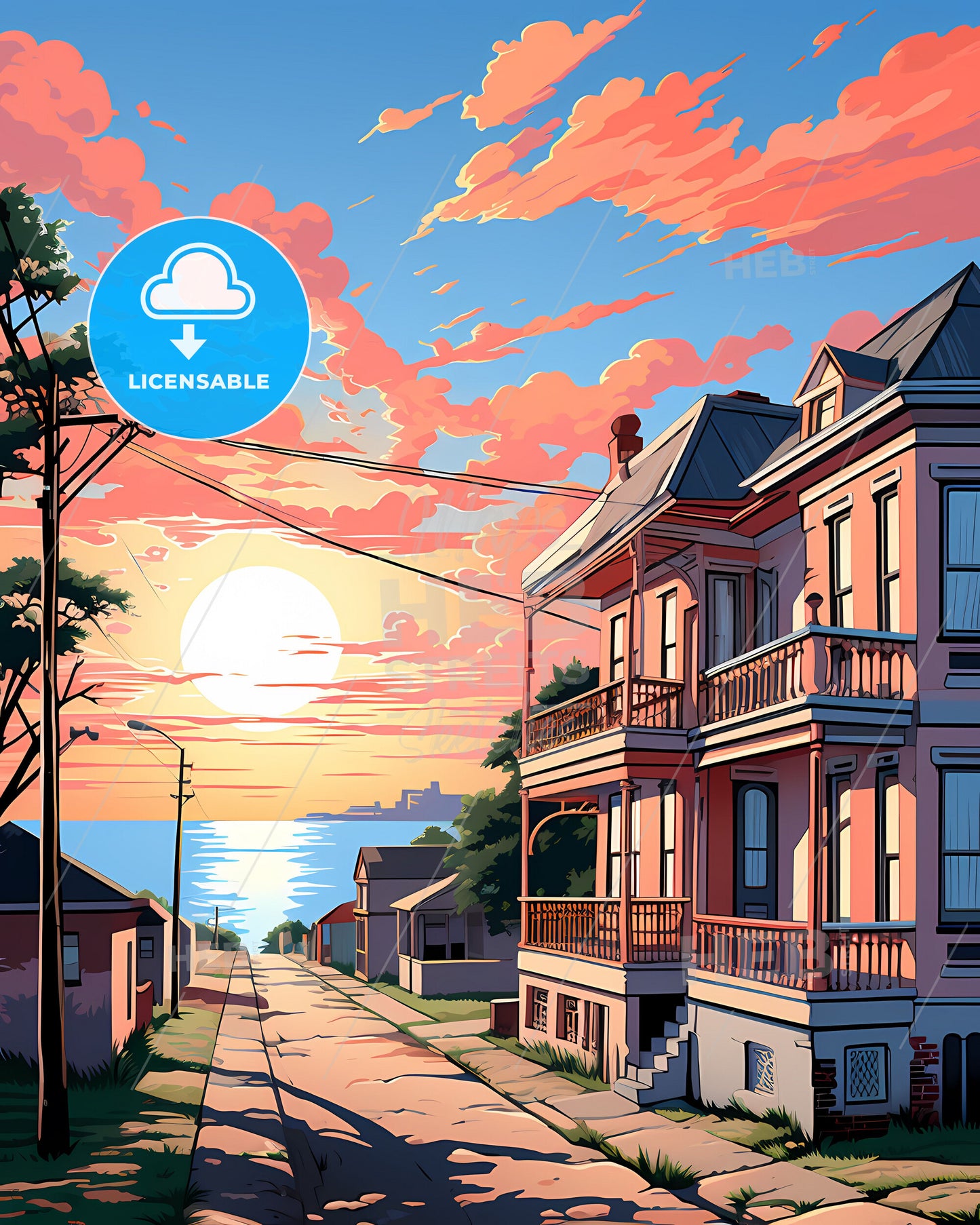 Beira Mozambique Cityscape Street Colorful Sunset Artwork Painting Architecture Buildings