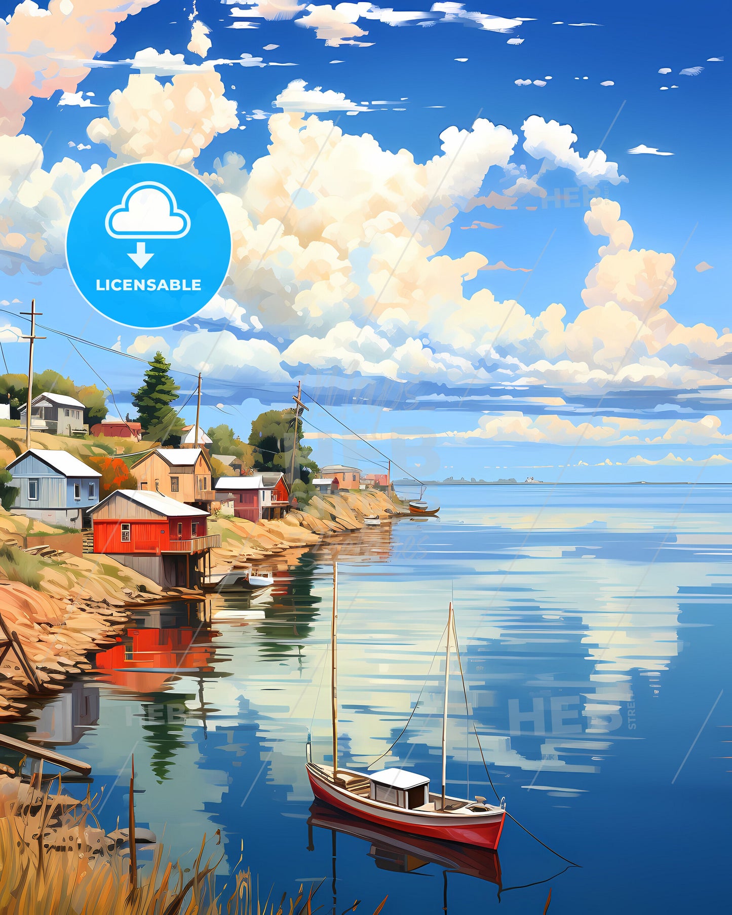 Waterfront Cityscape Painting: Houses and Boats on Vibrant African Harbor with Skyline