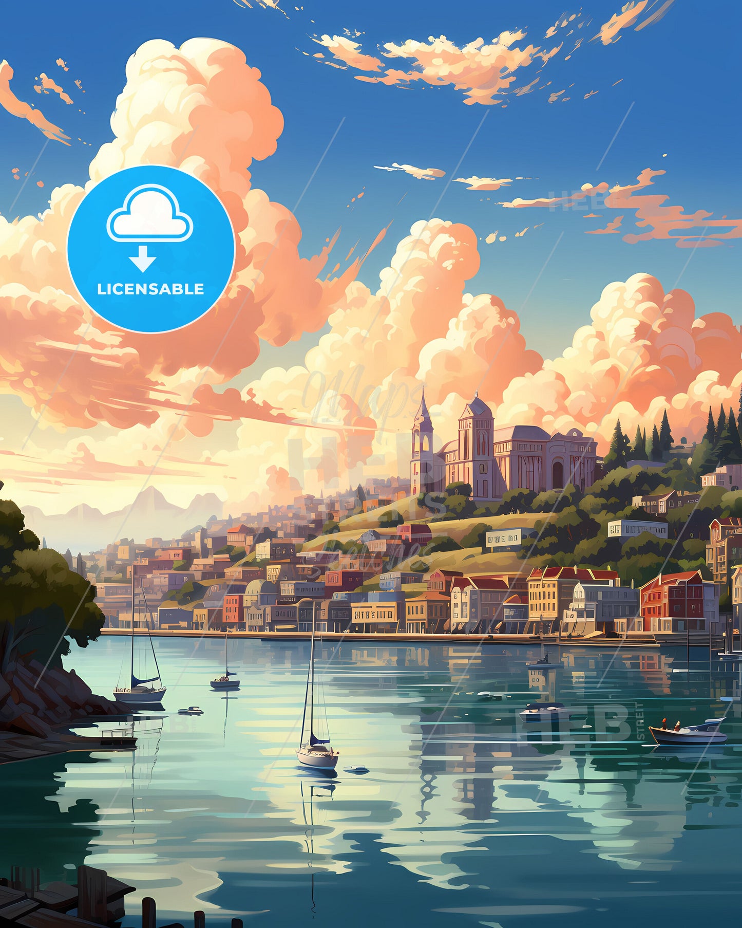 Vibrant Skyline Painting of Beira City Mozambique Coastline Housing Boats Boats