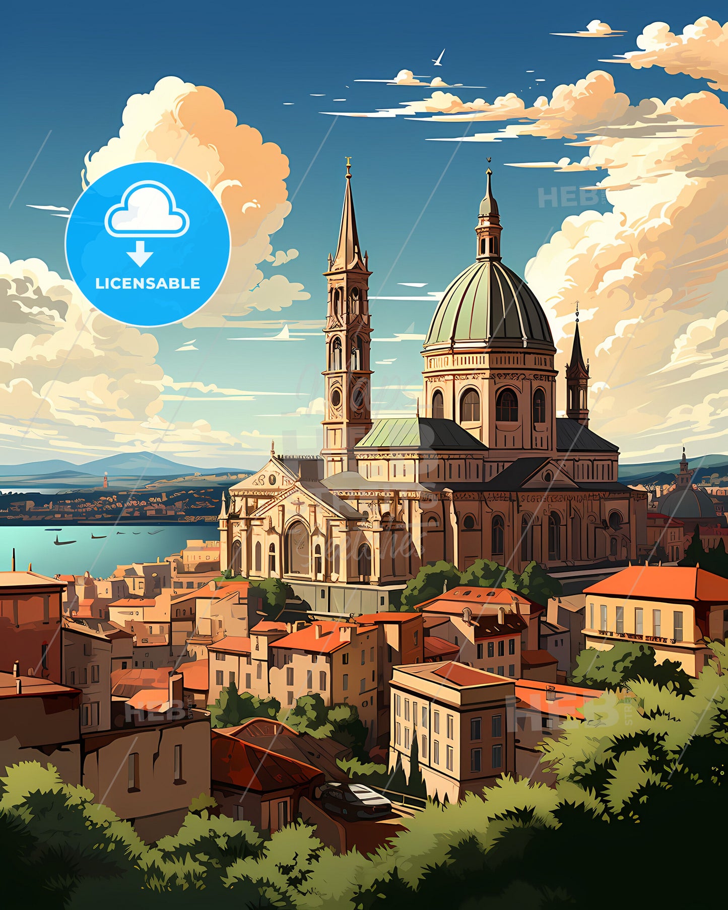 Colorful Mozambique Cityscape Painting Featuring Dome and Tower Building Skyline