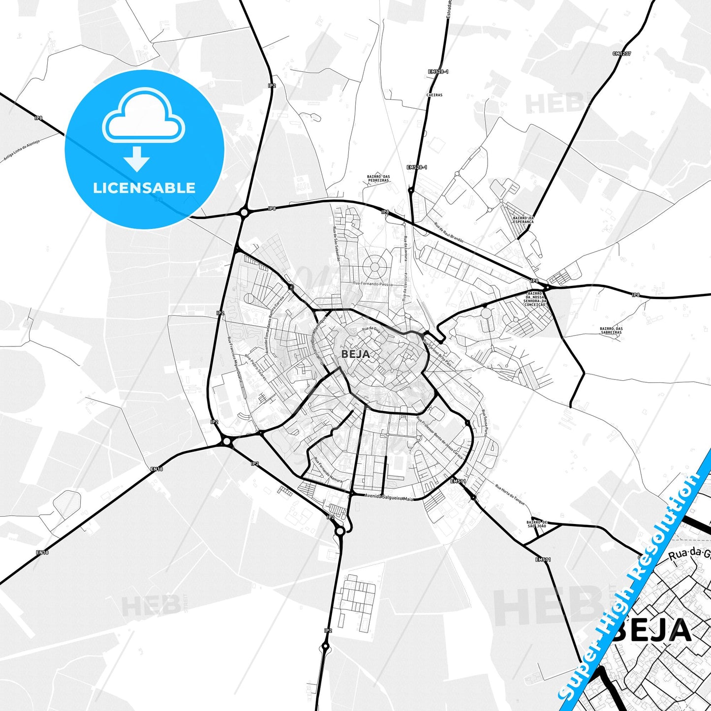 Beja, Portugal Light Map with Street Names, City Names, and Districts