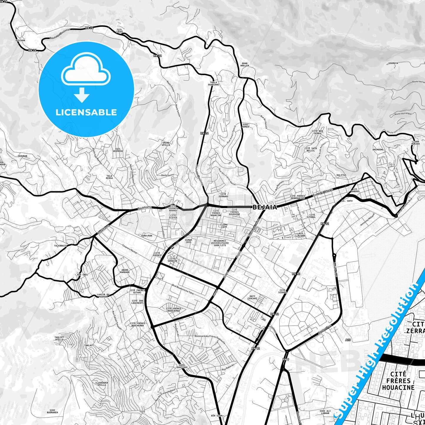 Bejaia, Algeria Light Map with Street Names, City Names, and Districts