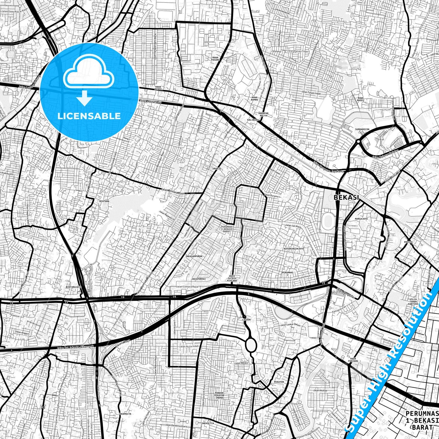 Bekasi, Indonesia Light Map with Street Names, City Names, and Districts