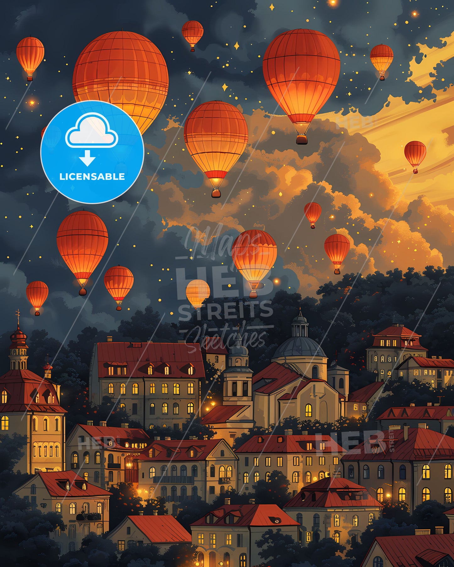 Colorful Hot Air Balloons Over City Art Painting Panorama, Belarus, Europe