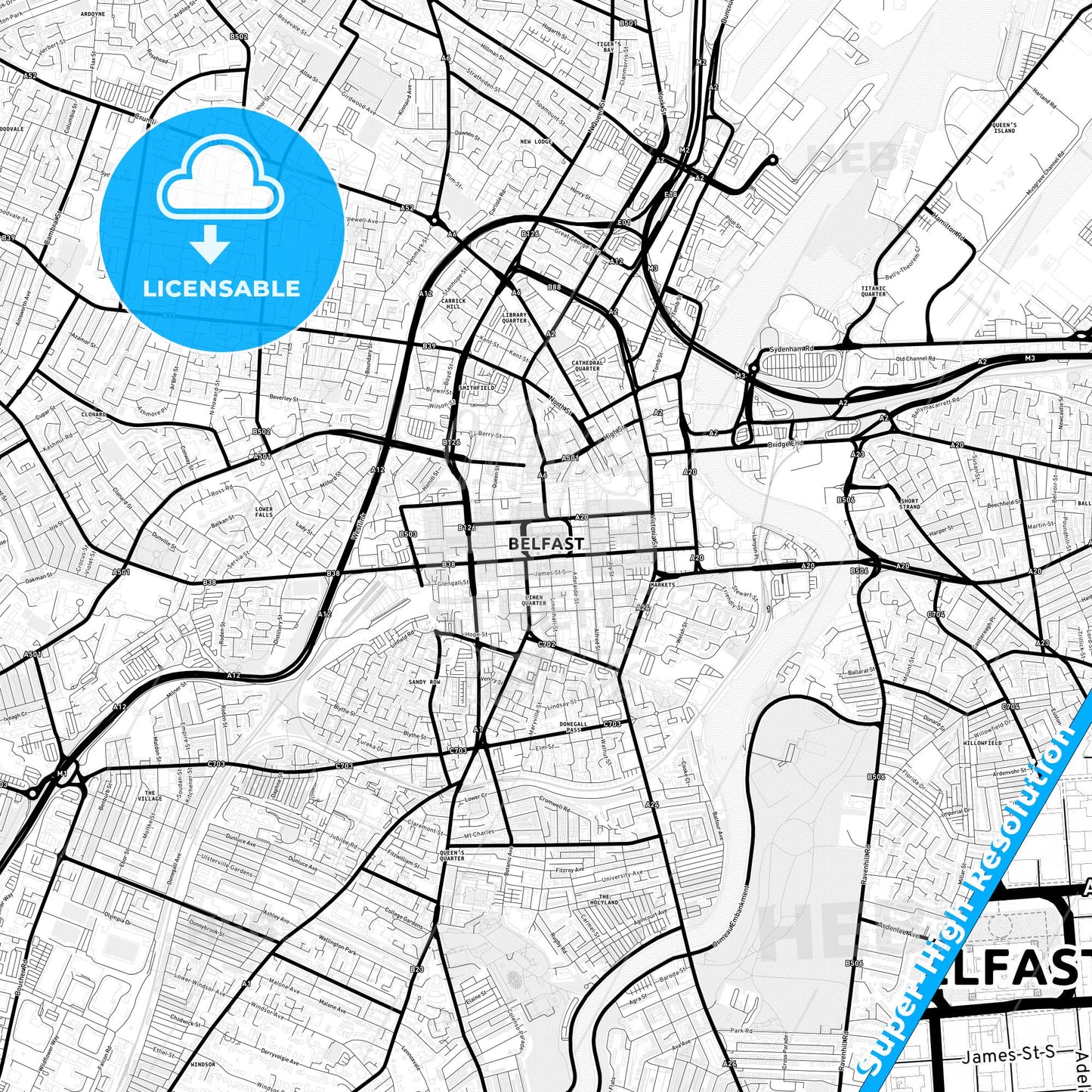 Belfast, Northern Ireland Light Map with Street Names, City Names, and Districts