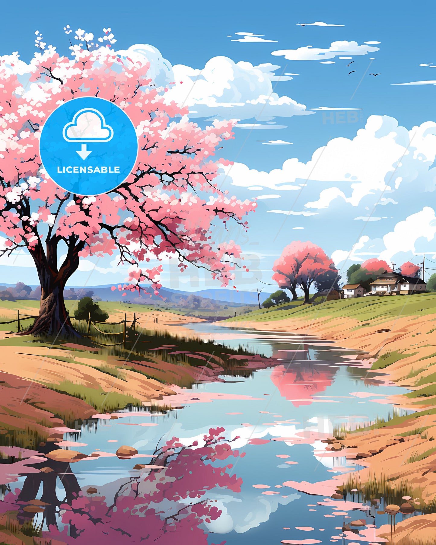 Belford Roxo Brazil City Skyline Painting River Field Tree Houses Vibrant Art