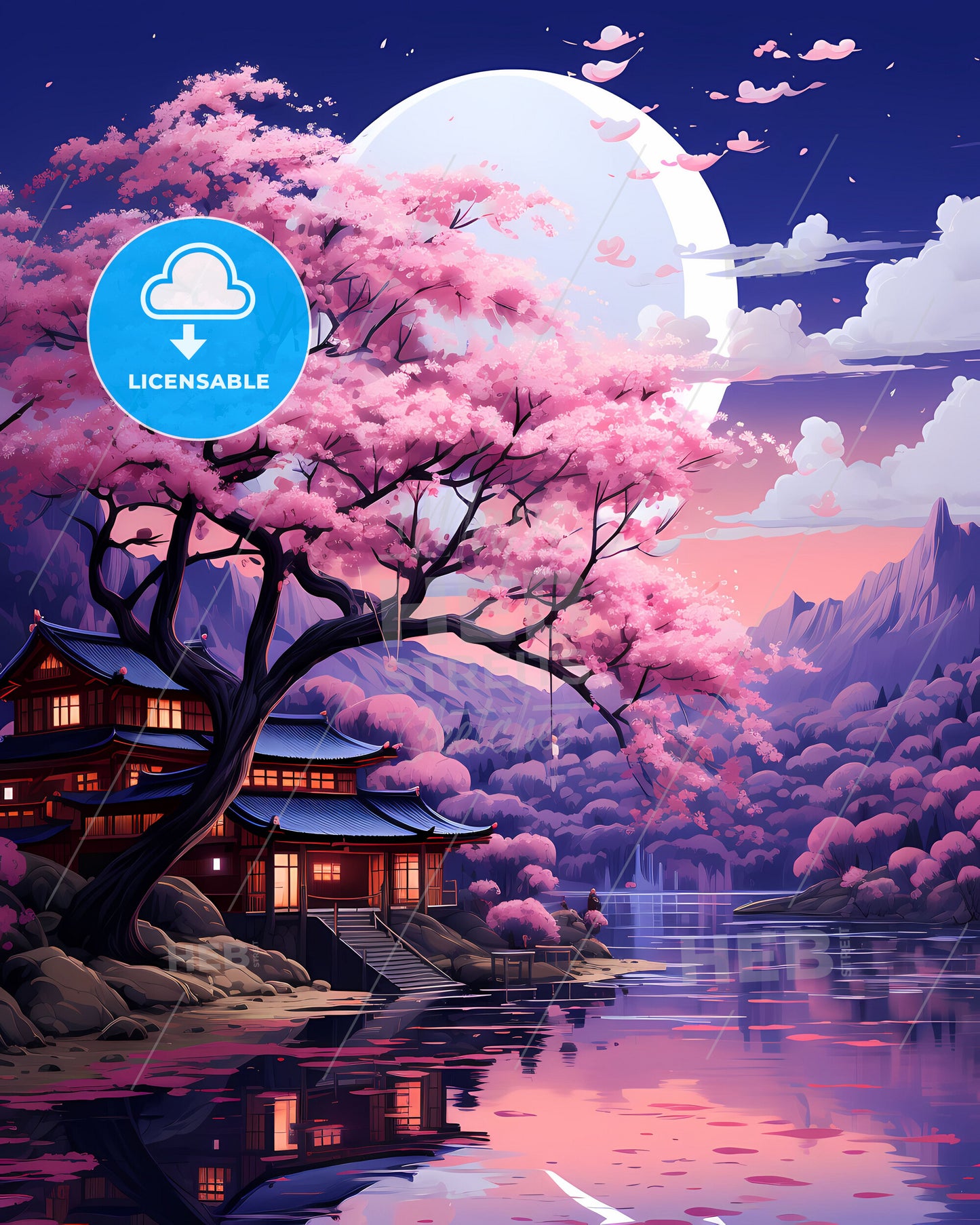 Vibrant Brazilian Art: Belford Roxo Skyline with House, Lake, Tree, and Full Moon