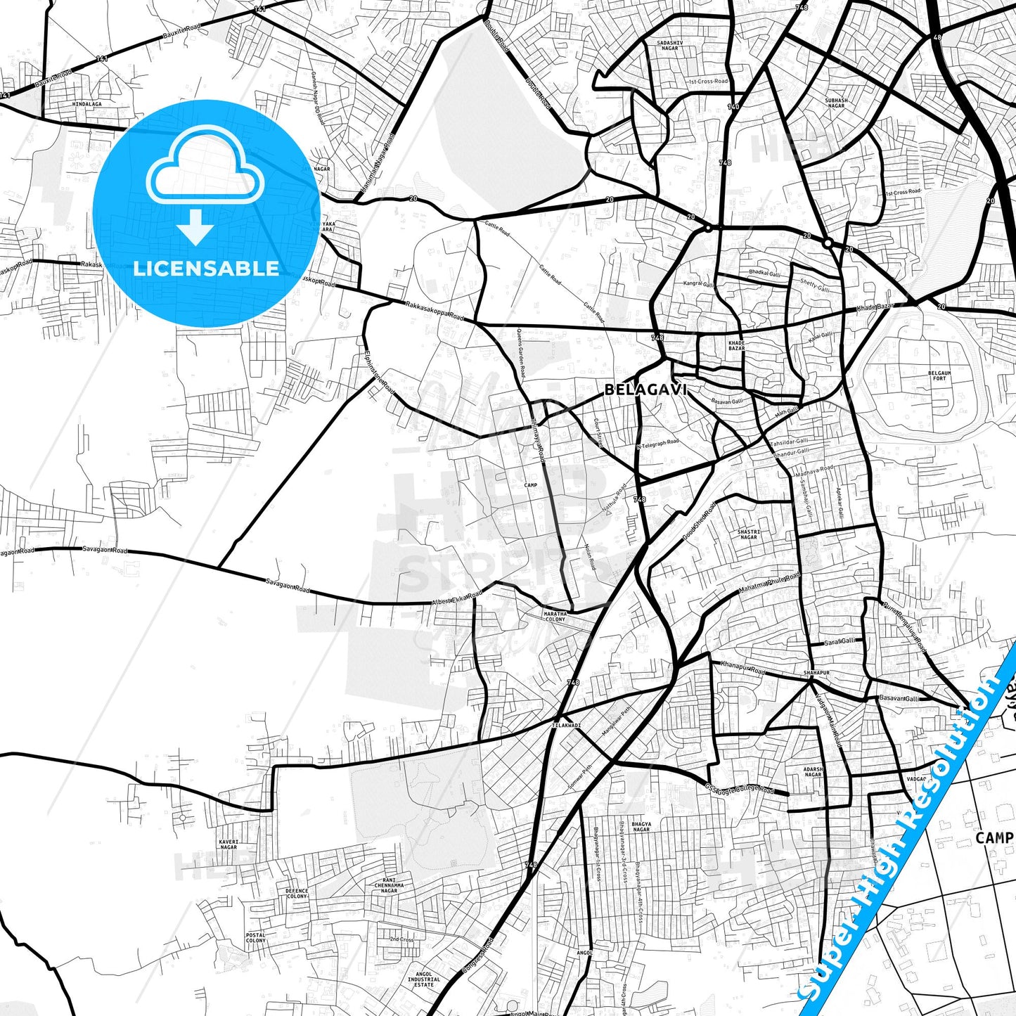 Belgaum, India Light Map with Street Names, City Names, and Districts