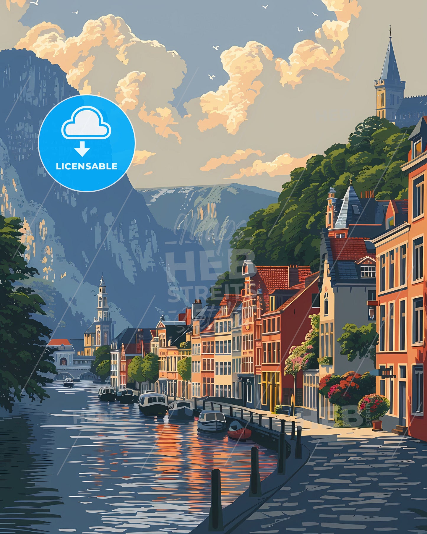 Belgian Waterfront Cityscape Painting Depicting River with Boats and Buildings