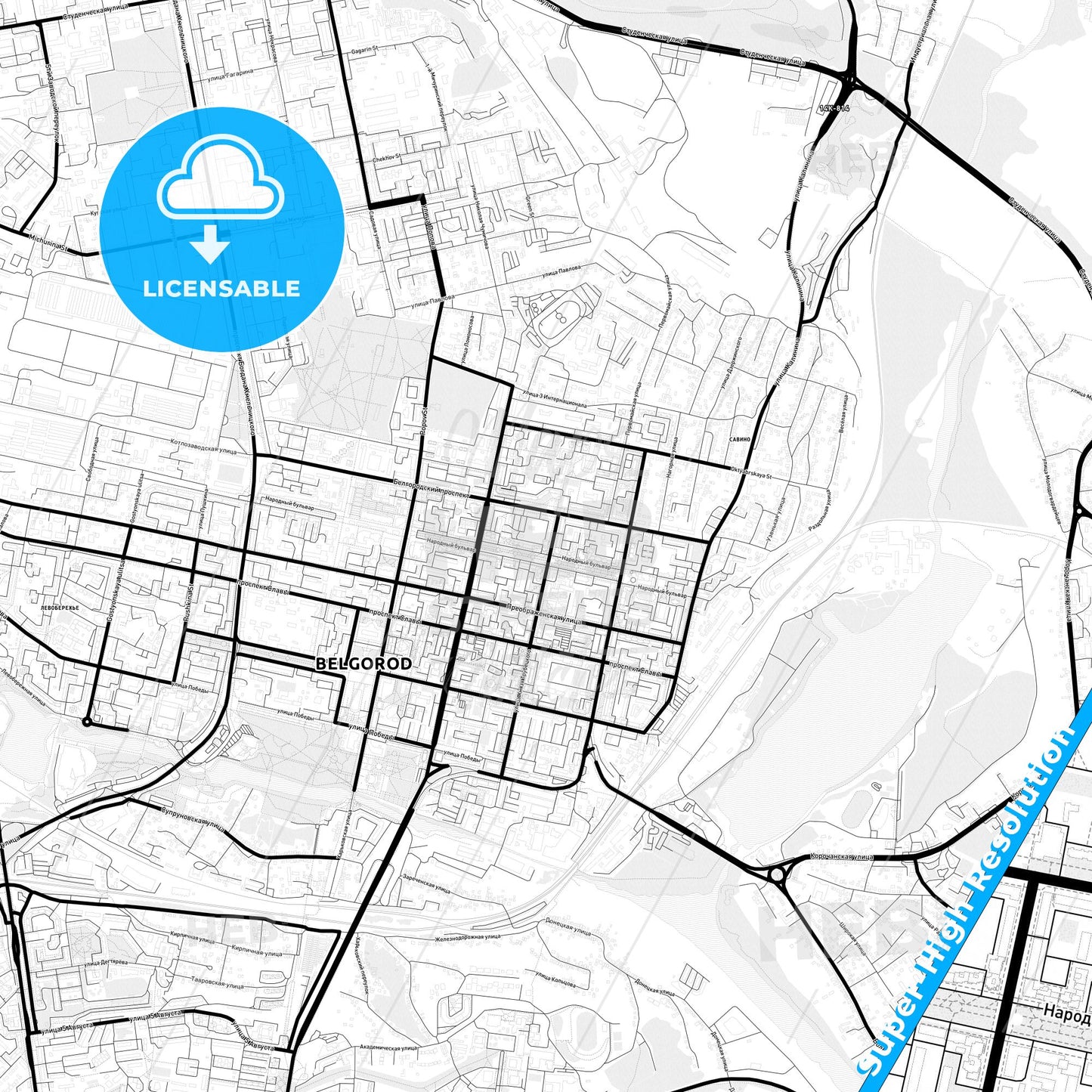 Belgorod, Russia Light Map with Street Names, City Names, and Districts