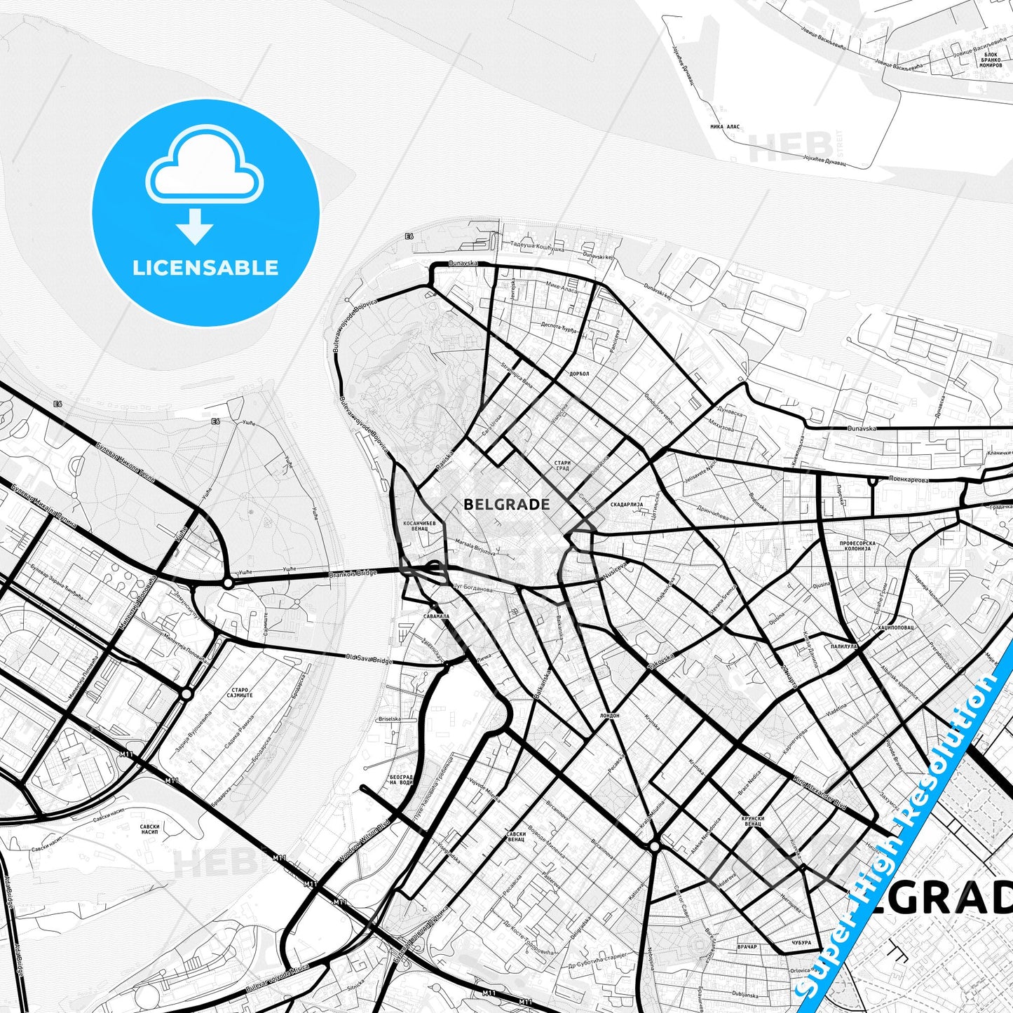 Belgrade, Serbia Light Map with Street Names, City Names, and Districts