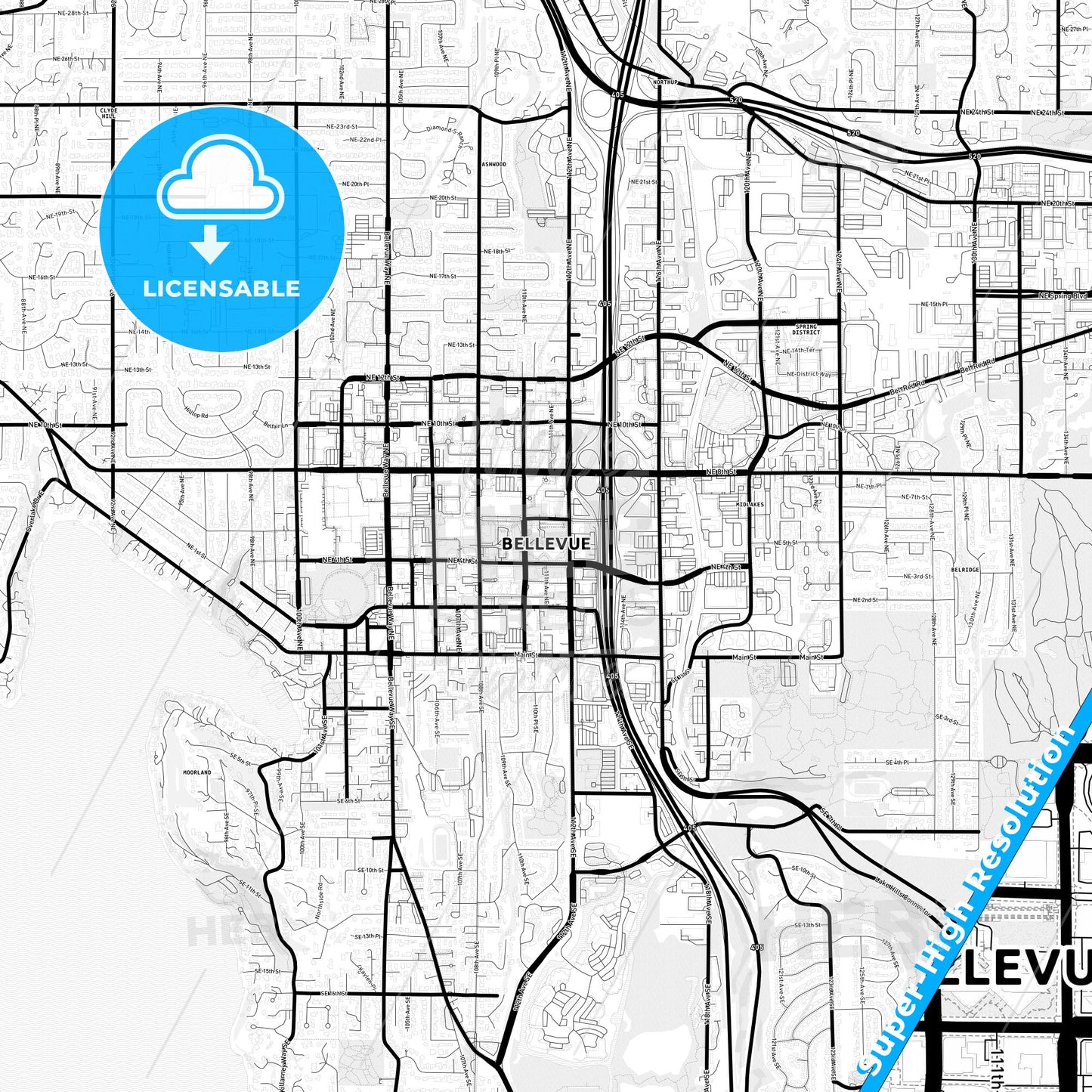 Bellevue, Washington Light Map with Street Names, City Names, and Districts