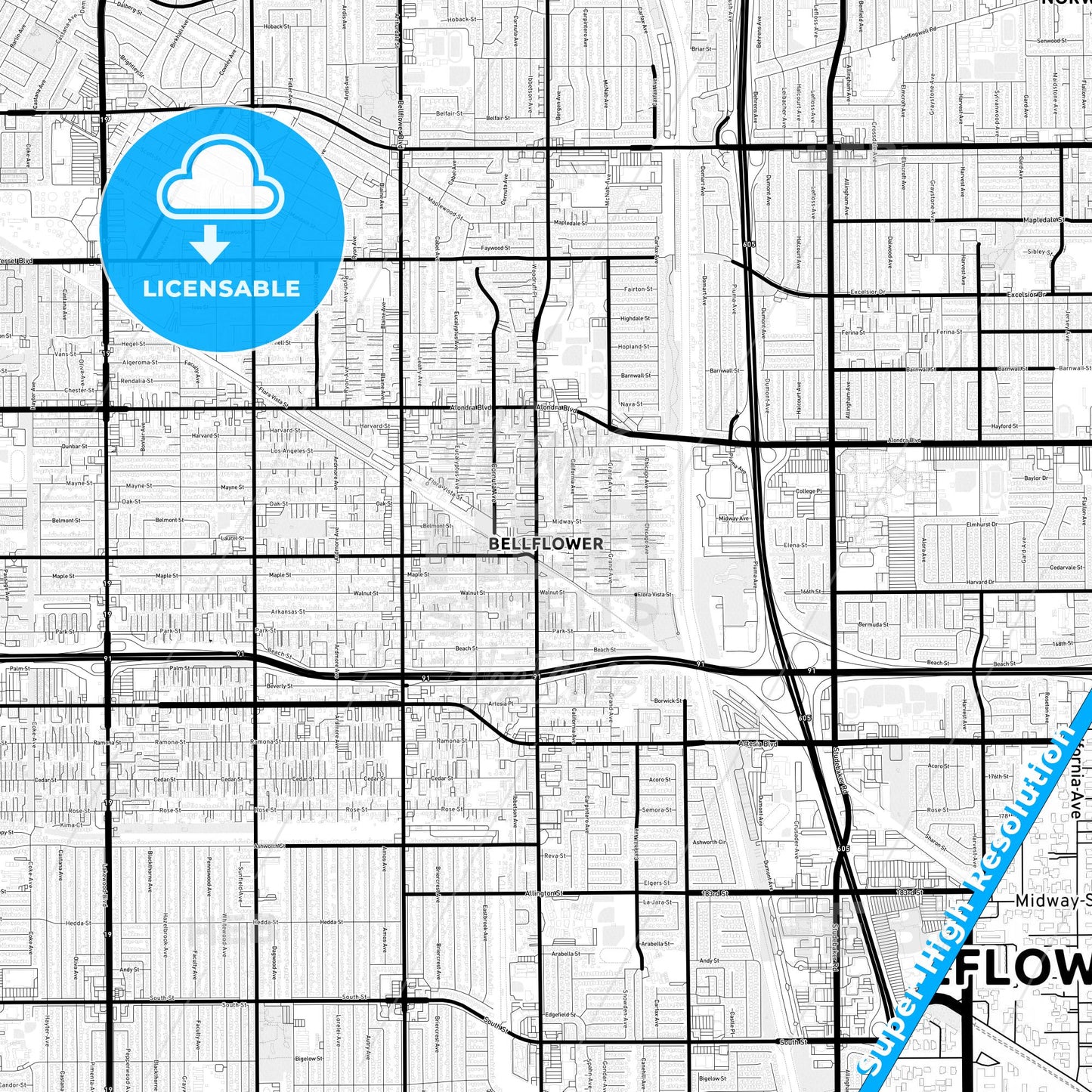 Bellflower, California Light Map with Street Names, City Names, and Districts