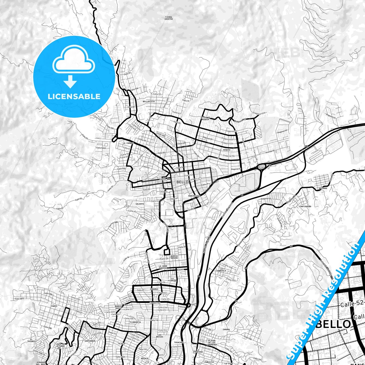 Bello, Colombia Light Map with Street Names, City Names, and Districts