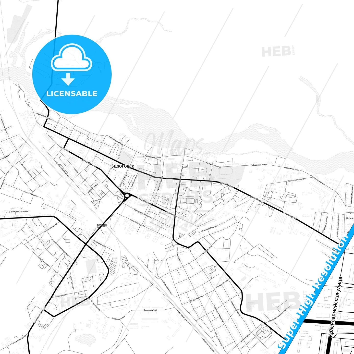 Belogorsk, Russia Light Map with Street Names, City Names, and Districts