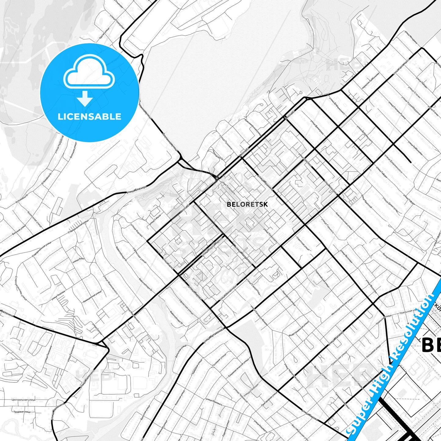 Beloretsk, Russia Light Map with Street Names, City Names, and Districts