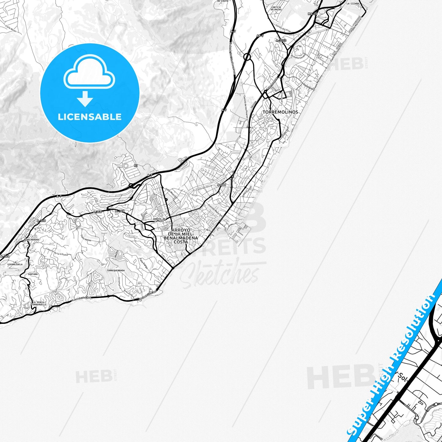 Benalmádena, Spain Light Map with Street Names, City Names, and Districts