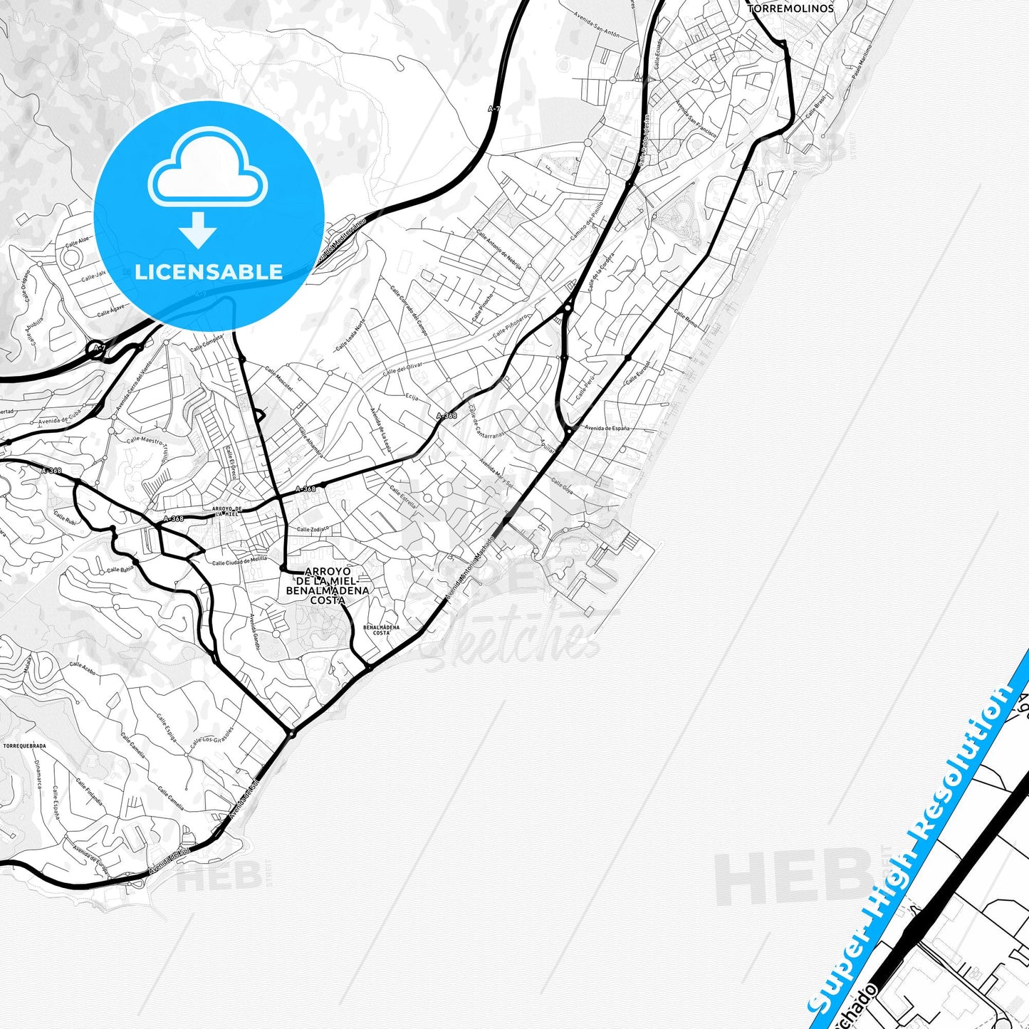 Benalmádena, Spain Light Map with Street Names, City Names, and Districts