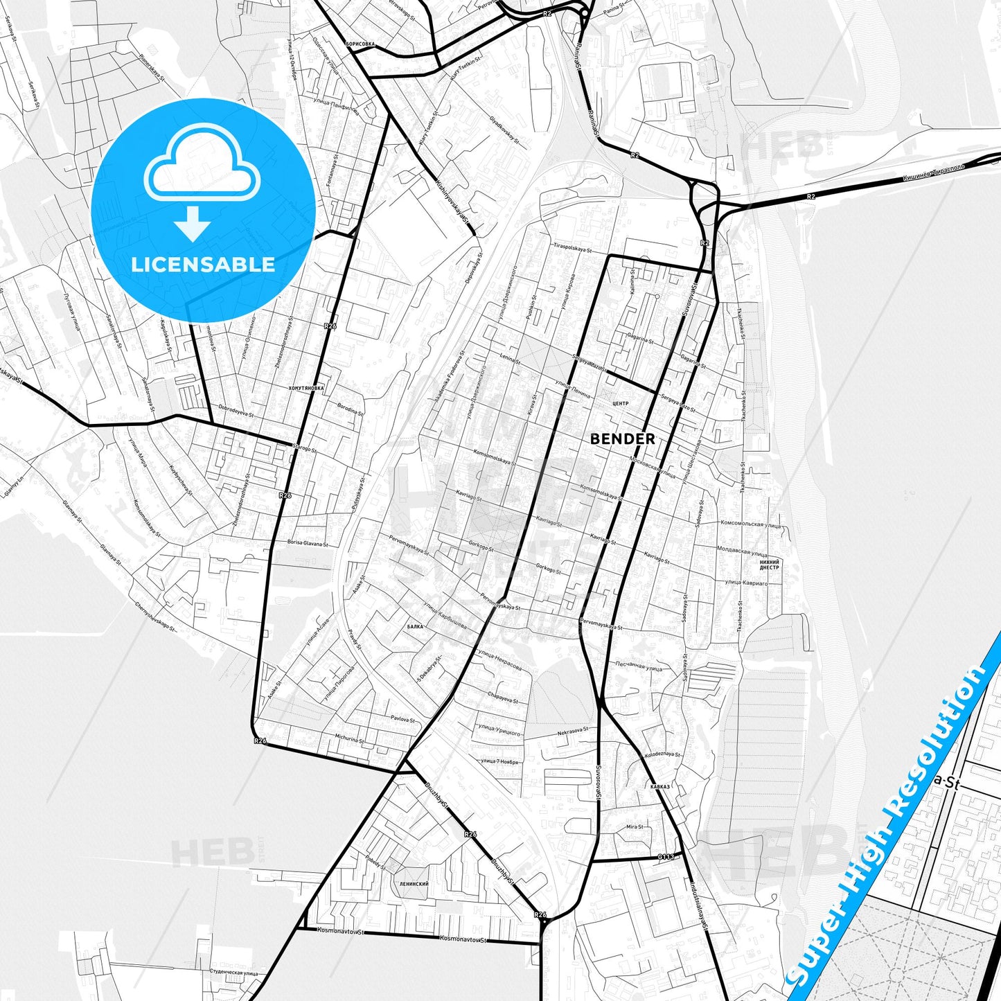 Bender (Tighina), Moldova Light Map with Street Names, City Names, and Districts