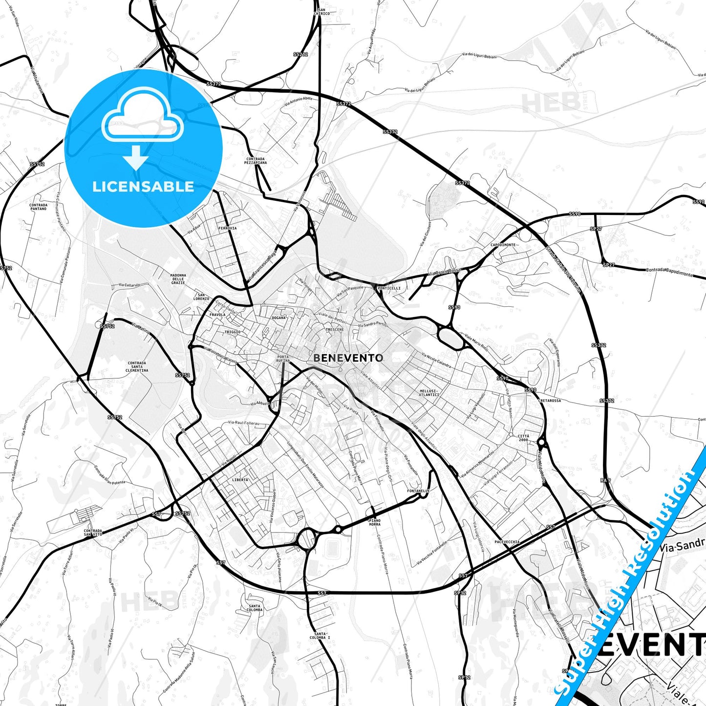 Benevento, Italy Light Map with Street Names, City Names, and Districts
