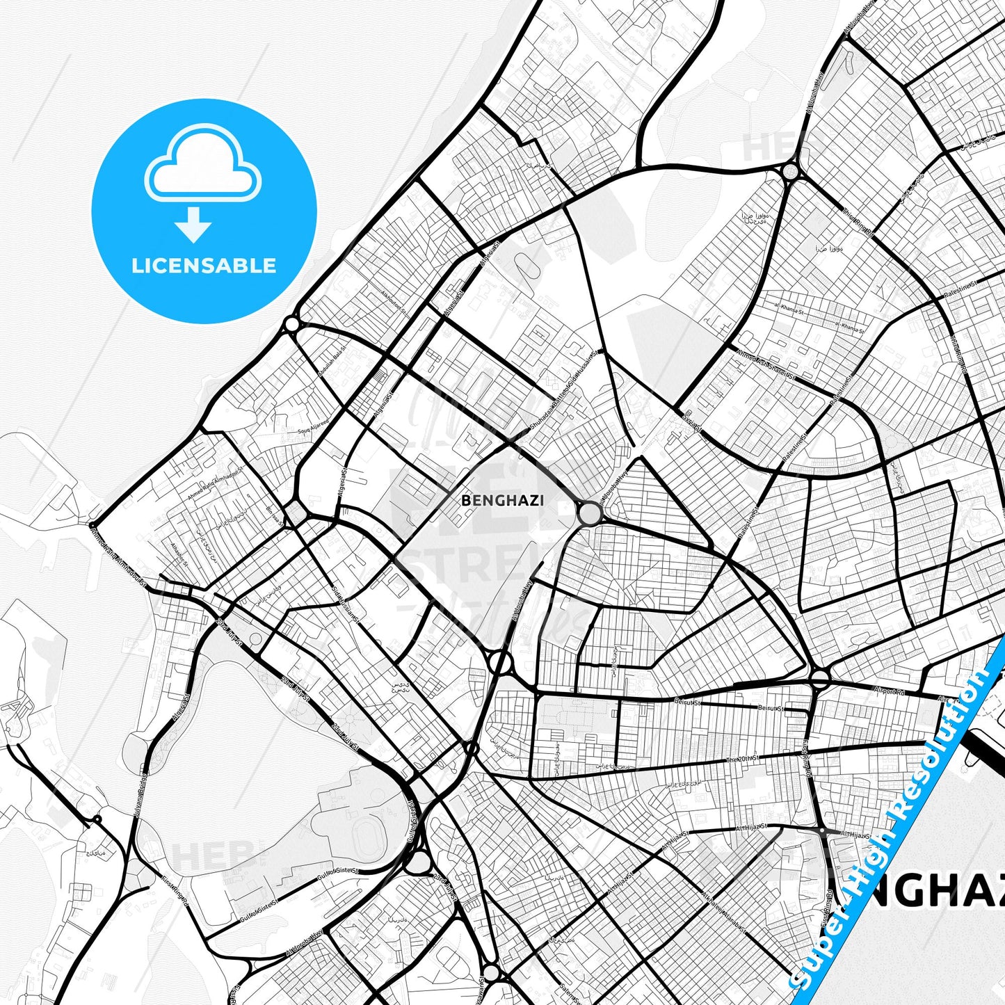 Benghazi, Libya Light Map with Street Names, City Names, and Districts