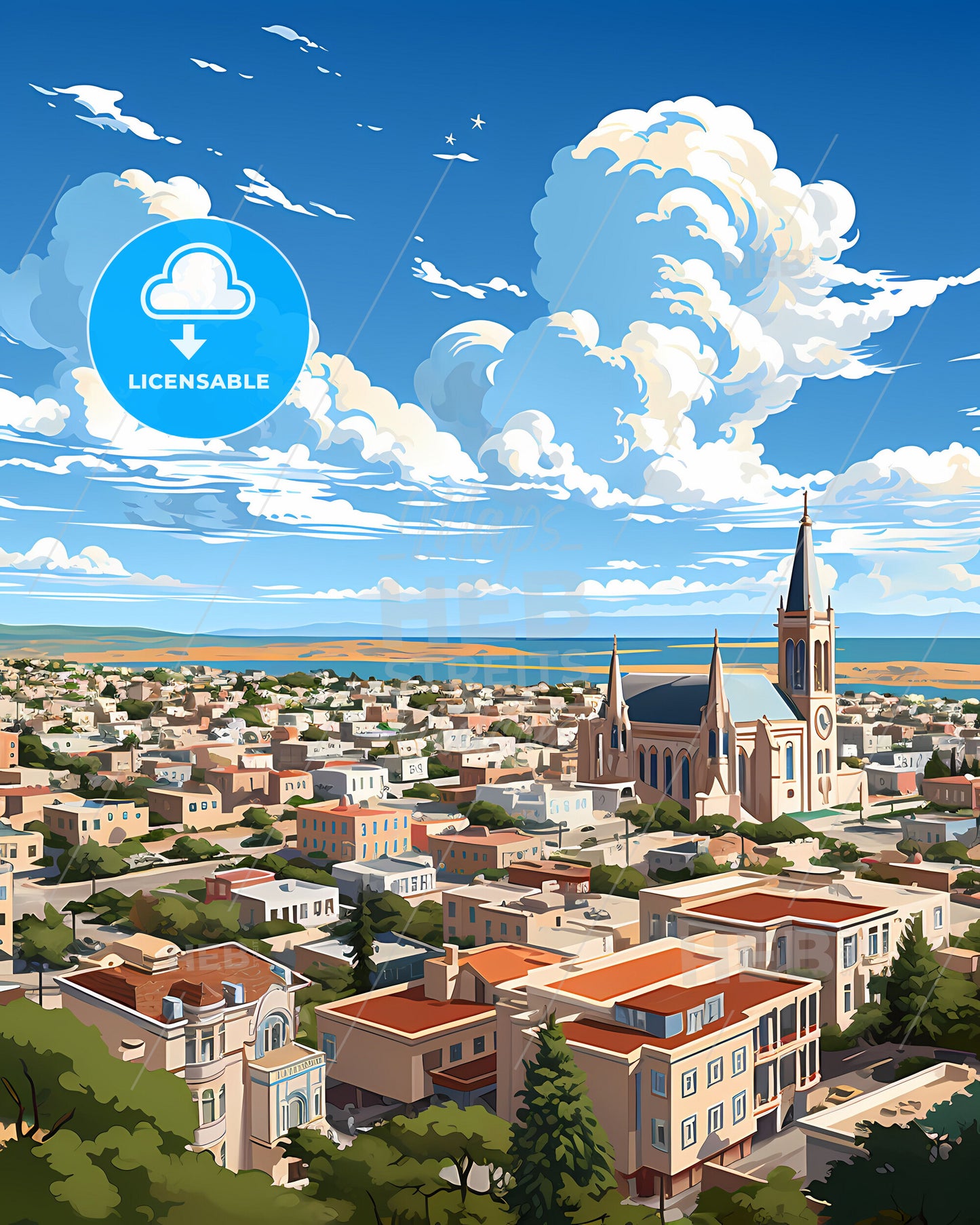 Benghazi Skyline Artistic Painting City Church Water Body Art Architecture