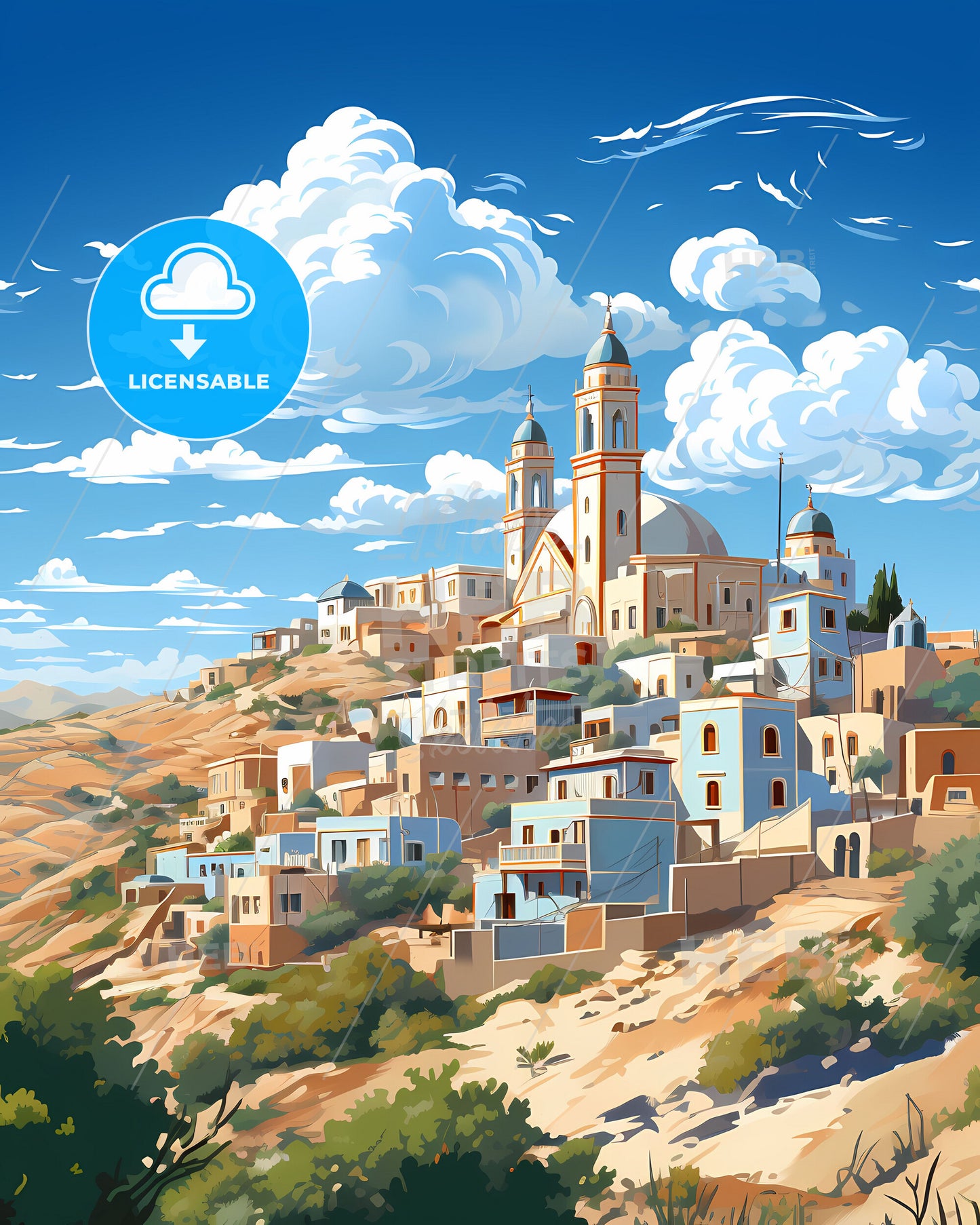 Vibrant Benghazi Skyline Art: Libyan Oil Painting of Hilltop Cityscape