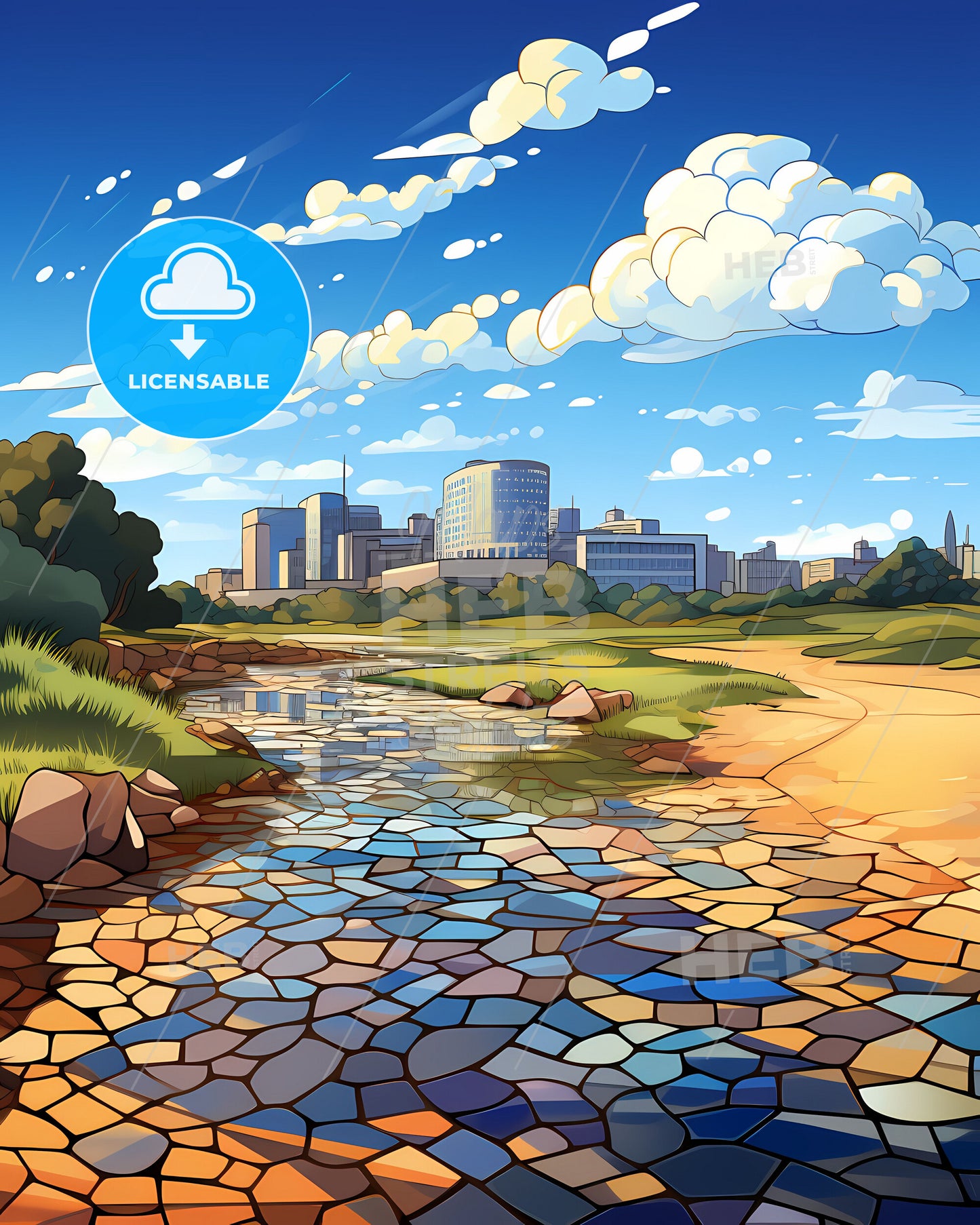 Vibrant Painting of Benghazi Libya Skyline with River Depicting City's Artistic Heritage