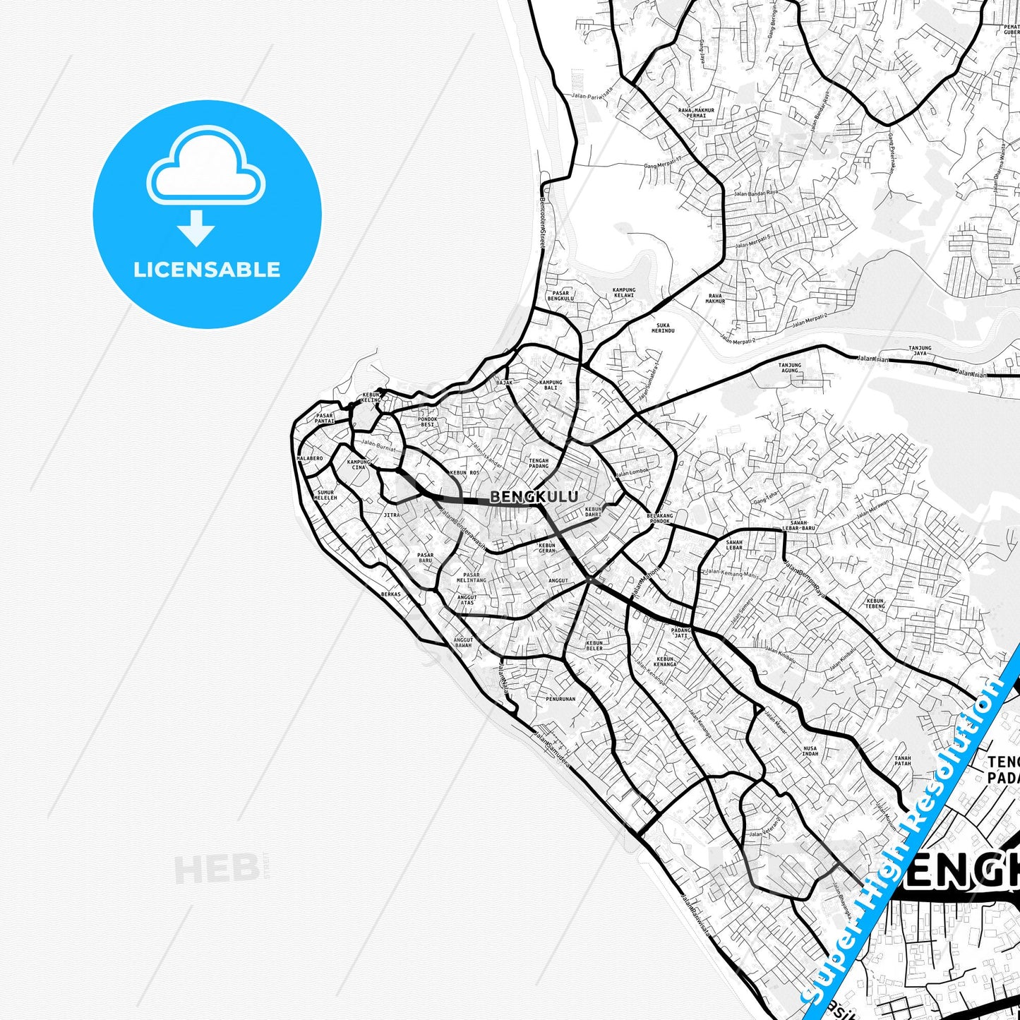 Bengkulu, Indonesia Light Map with Street Names, City Names, and Districts