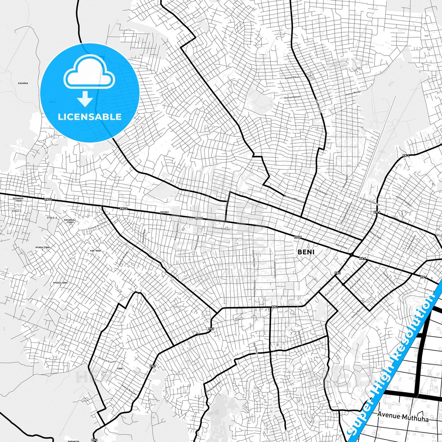 Beni, DR Congo Light Map with Street Names, City Names, and Districts