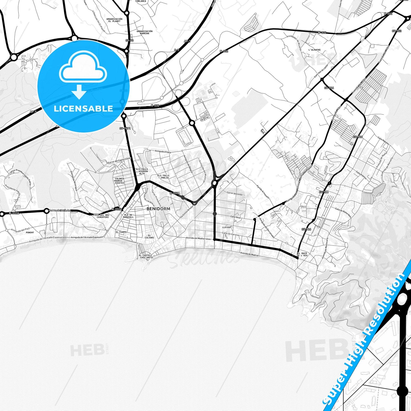Benidorm, Spain Light Map with Street Names, City Names, and Districts