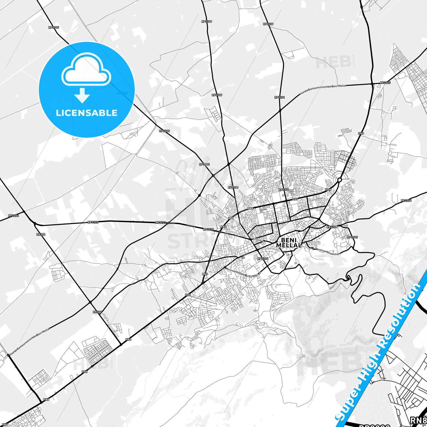 Beni Mellal, Morocco Light Map with Street Names, City Names, and Districts