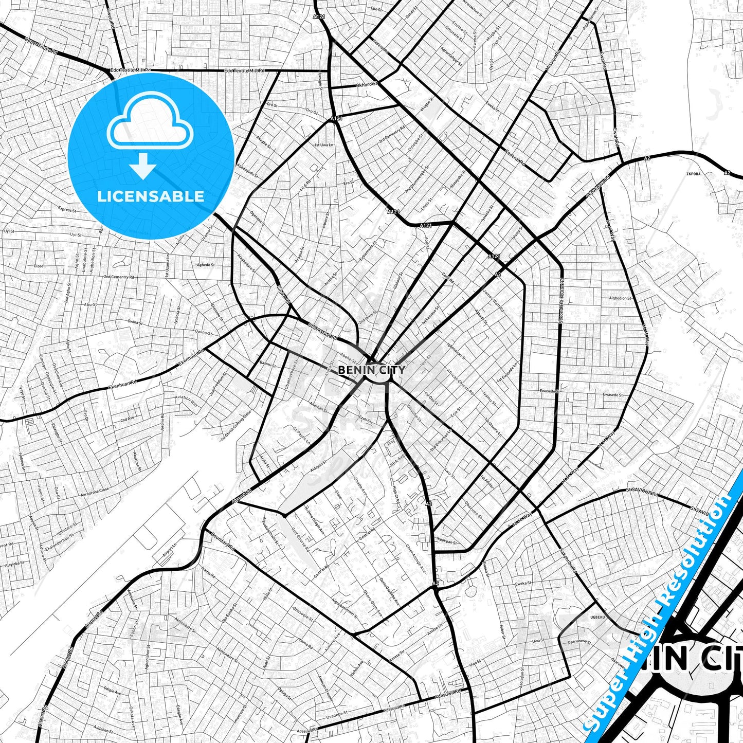 Benin City, Nigeria Light Map with Street Names, City Names, and Districts