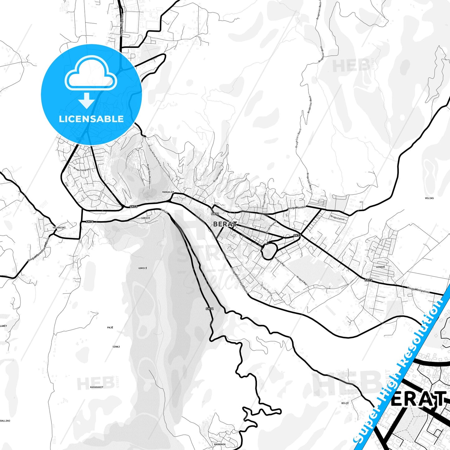 Berat, Albania Light Map with Street Names, City Names, and Districts
