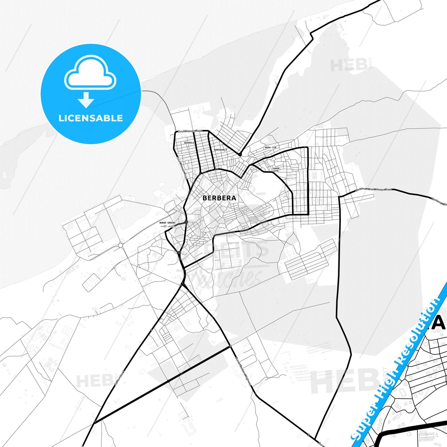 Berbera, Somalia Light Map with Street Names, City Names, and Districts