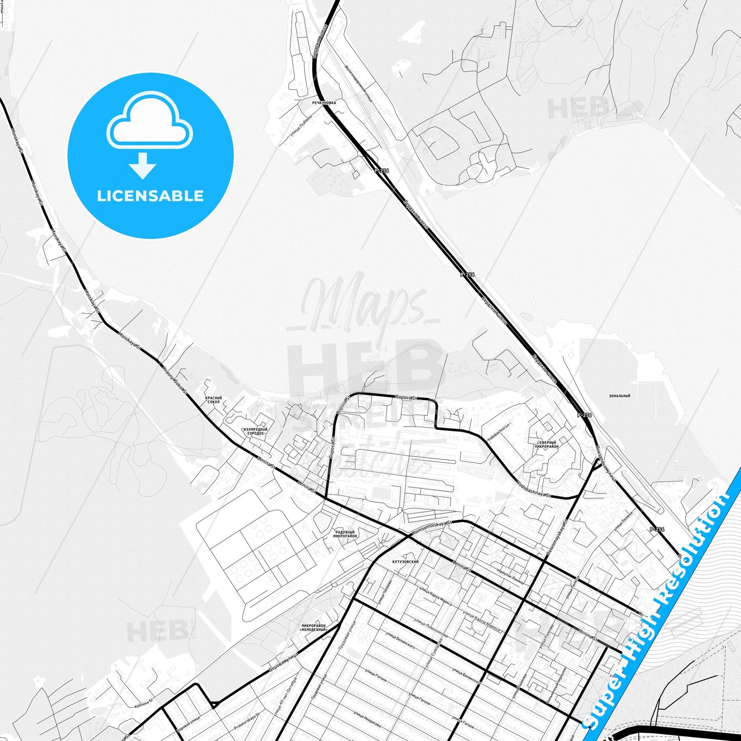 Berdsk, Russia Light Map with Street Names, City Names, and Districts