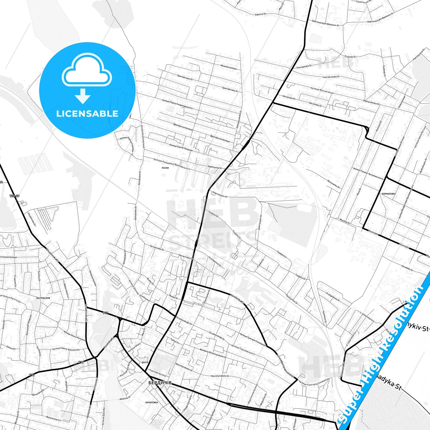 Berdychiv, Ukraine Light Map with Street Names, City Names, and Districts