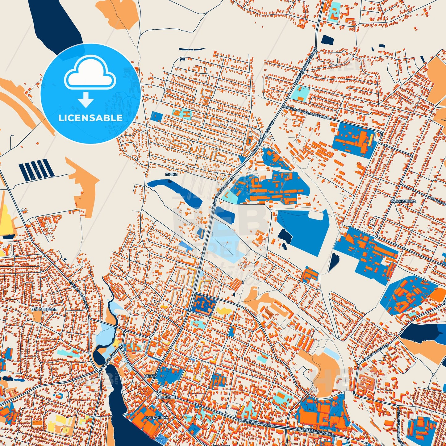 Colorful Berdychiv Street Map with Labels and Buildings