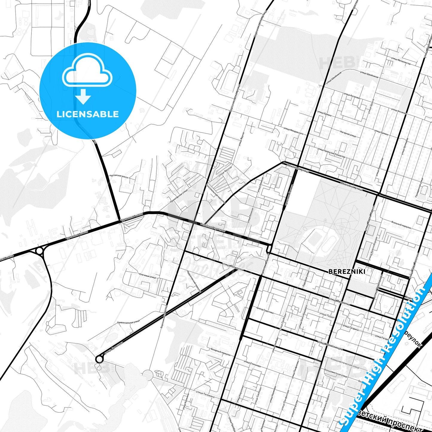 Berezniki, Russia Light Map with Street Names, City Names, and Districts