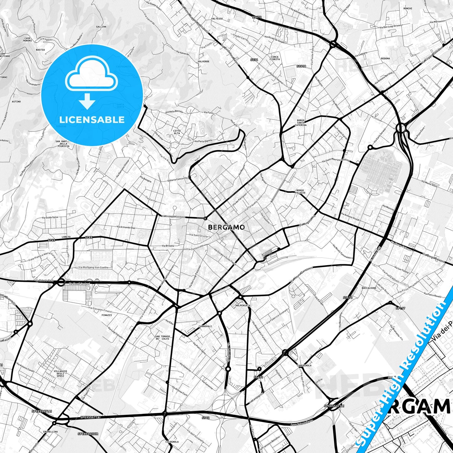 Bergamo, Italy Light Map with Street Names, City Names, and Districts
