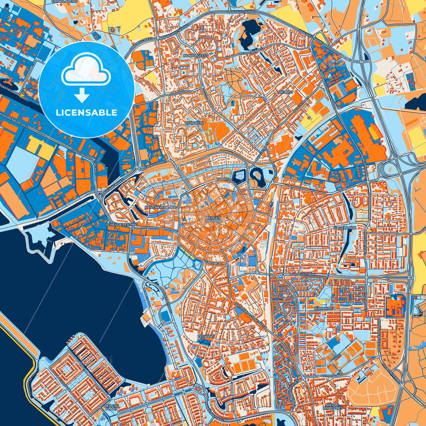 Colorful Bergen op Zoom Street Map with Labels and Buildings
