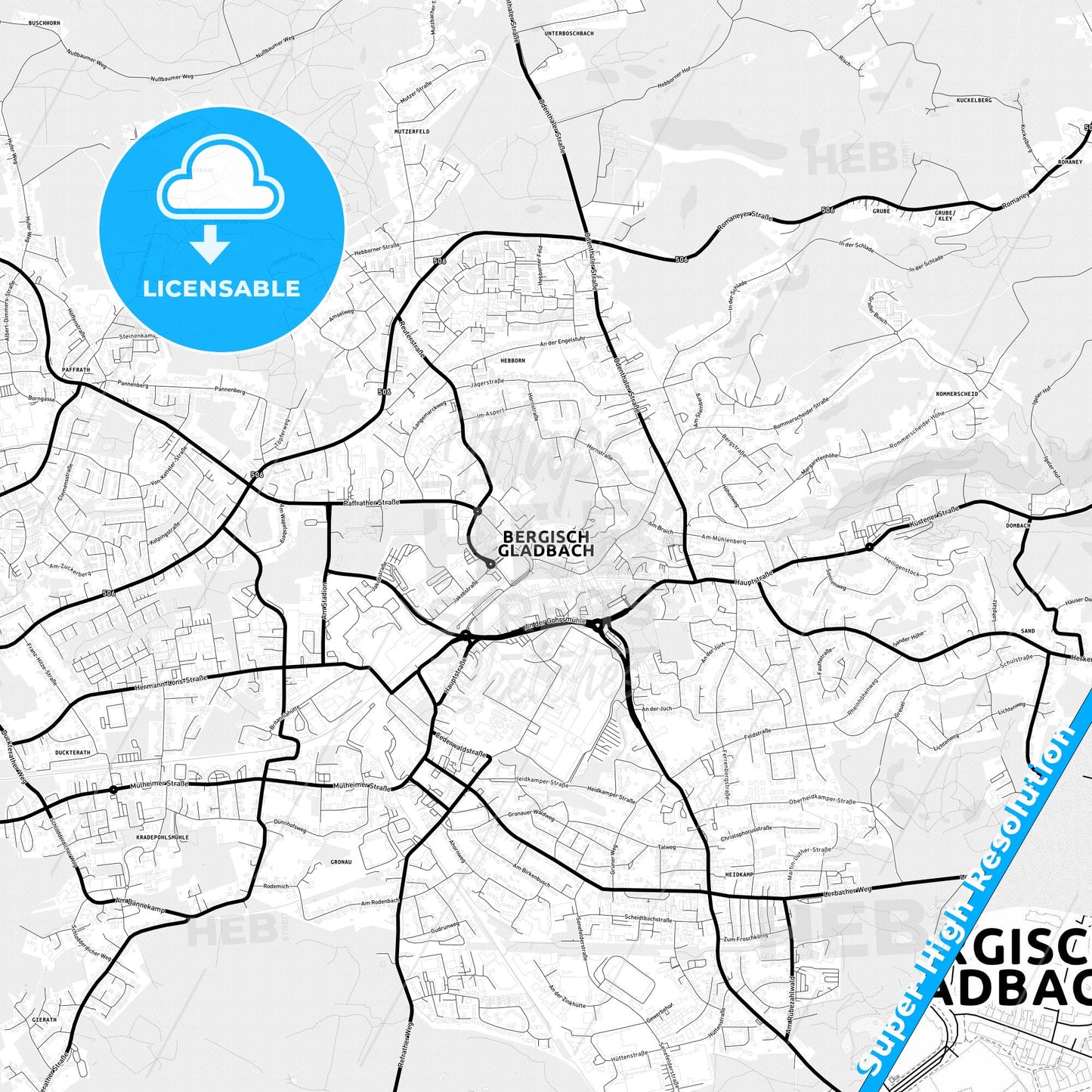 Bergisch Gladbach, Germany Light Map with Street Names, City Names, and Districts