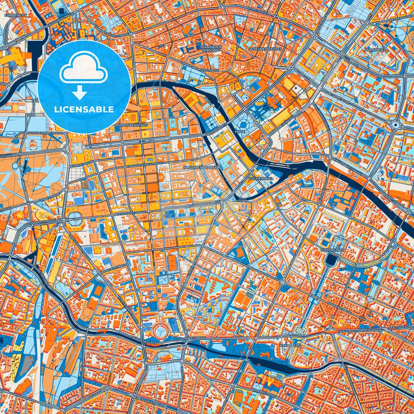 Colorful Berlin Street Map with Labels and Buildings