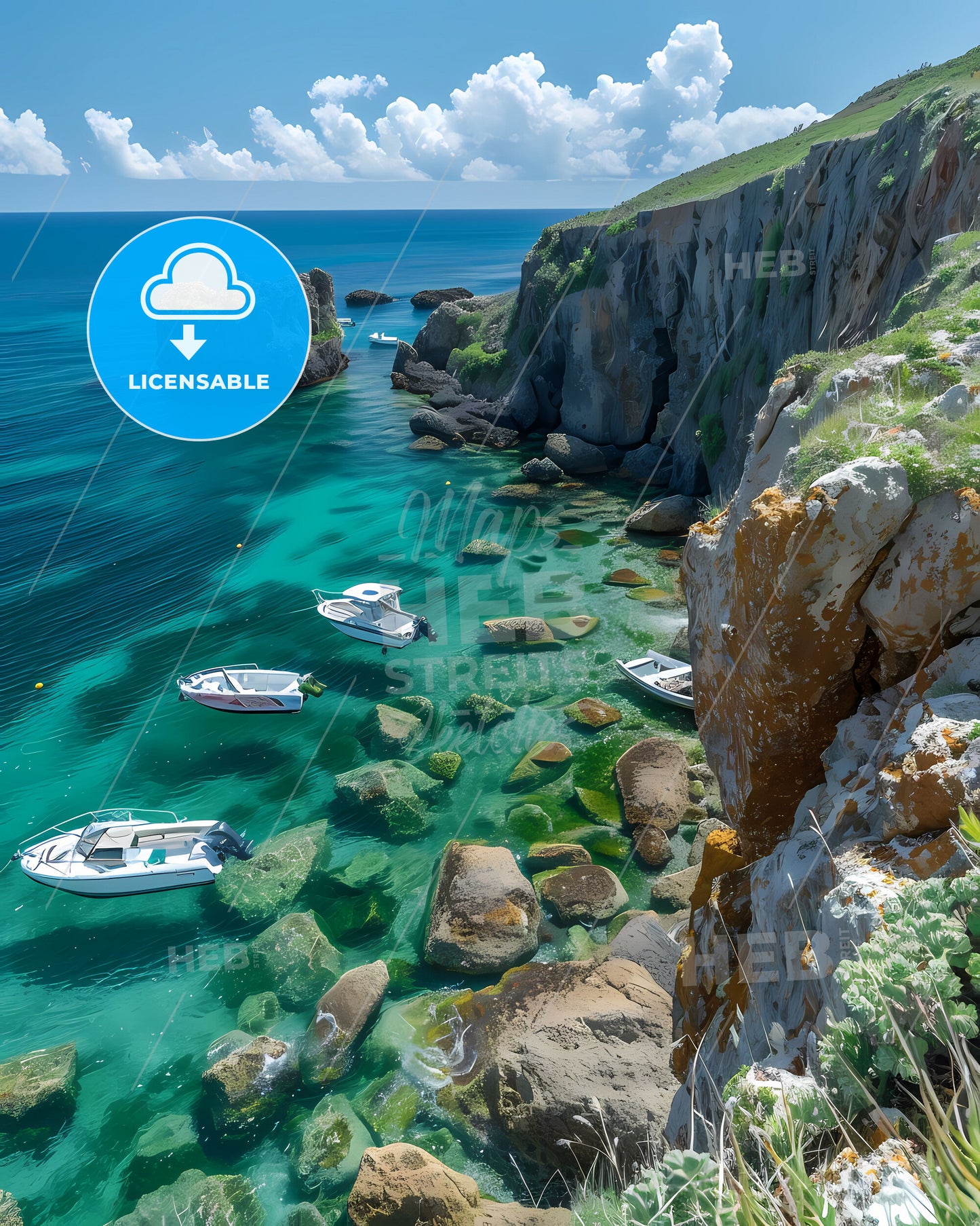 Artful Bermuda: Vivid Painting of Boats in Serenity, Backdropped by Rocky Coast and Towering Cliff