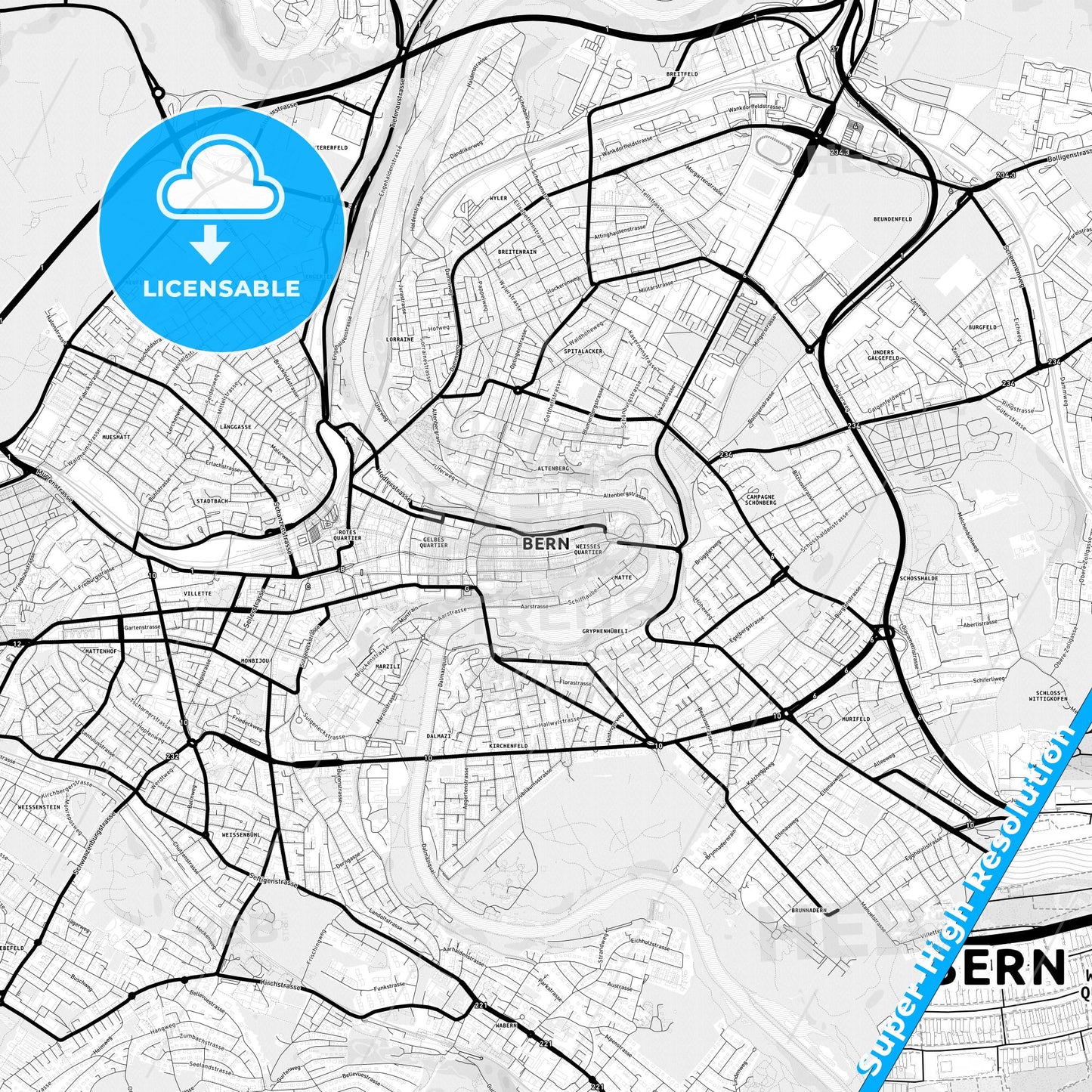 Bern, Switzerland Light Map with Street Names, City Names, and Districts